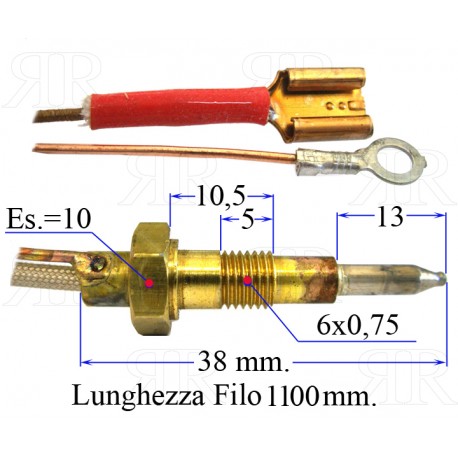 Termocoppia Filetto 6 X 0,75 con Innesto Fast On Lunga 1100 mm.
