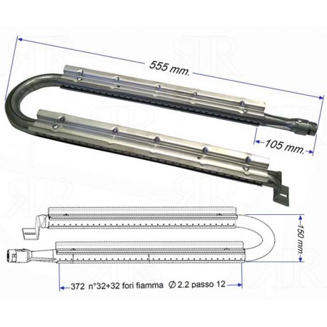 Bruciatore per Barbecue 555 X 160/178 mm. Potenza 10,5 KW