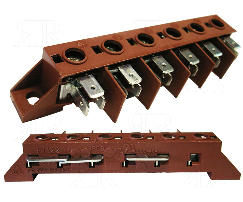 Morsettiera a 6 Faston per Alte Temperature 450 Volt 41 Ampere  T150°C.