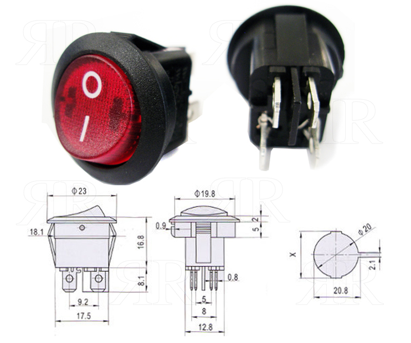 Interruttore Tondo Corpo Nero Tasto Luminoso Rosso 0-1 - 16 Ampere