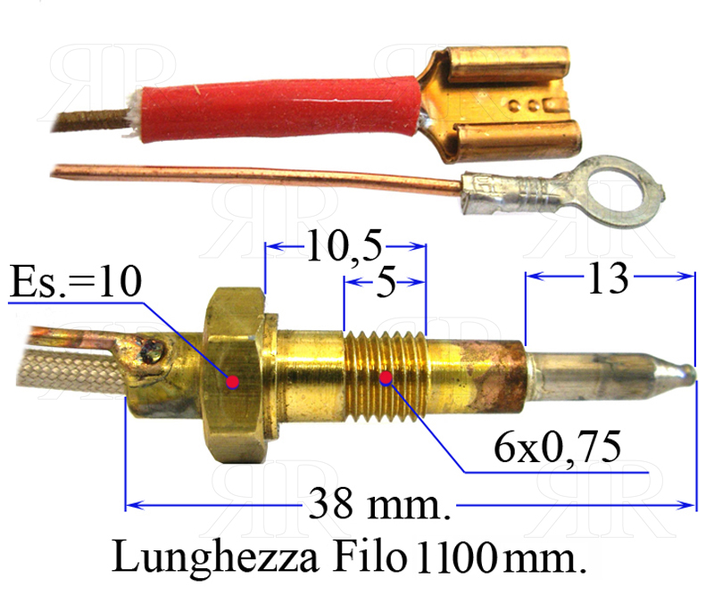 Clicca per ingrandire Termocoppia Filetto 6 X 0,75 con Innesto Fast On Lunga 1100 mm.